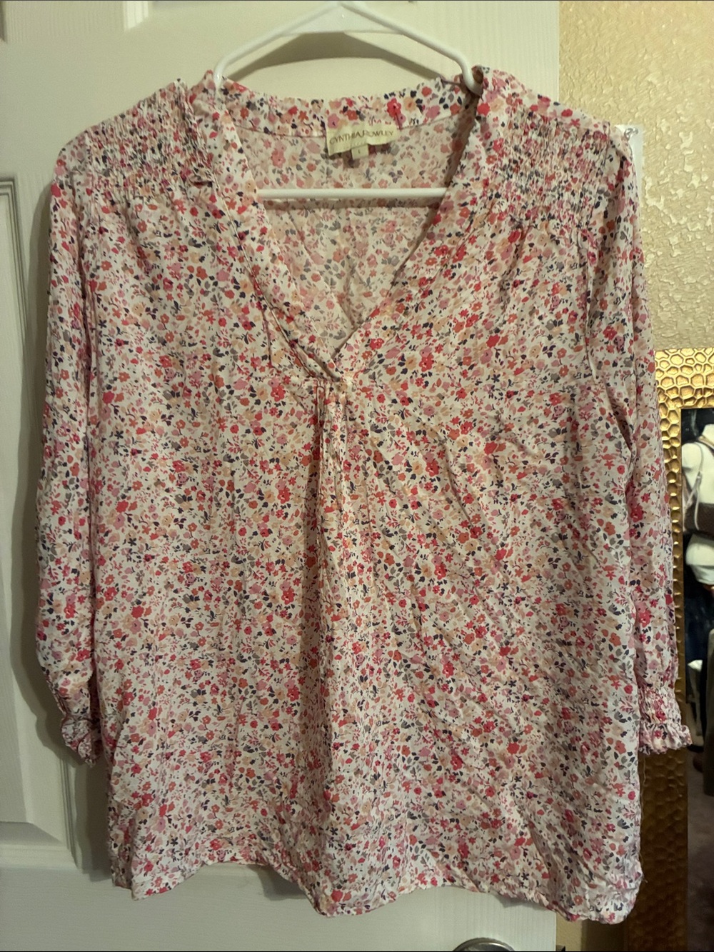 Cynthia Rowley Pink Floral V-Neck Tie Blouse